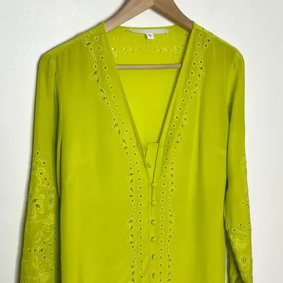 Veronica Beard Womens Long Sleeve Silk Blouse 0 Green Floral Embroidered V Neck - Picture 4 of 16